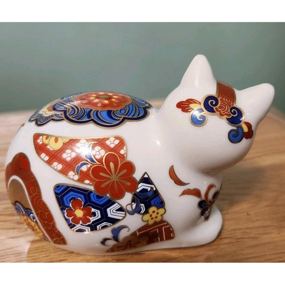 Japanese  Porcelain Decorated Cat Figurine Floral Gold Accents Imari Like Gift
